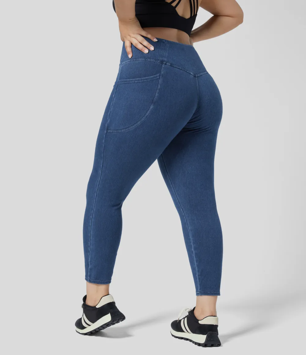 Magic Crossover Side Pocket Washed Stretchy Knit Denim Work Plus Size Leggings