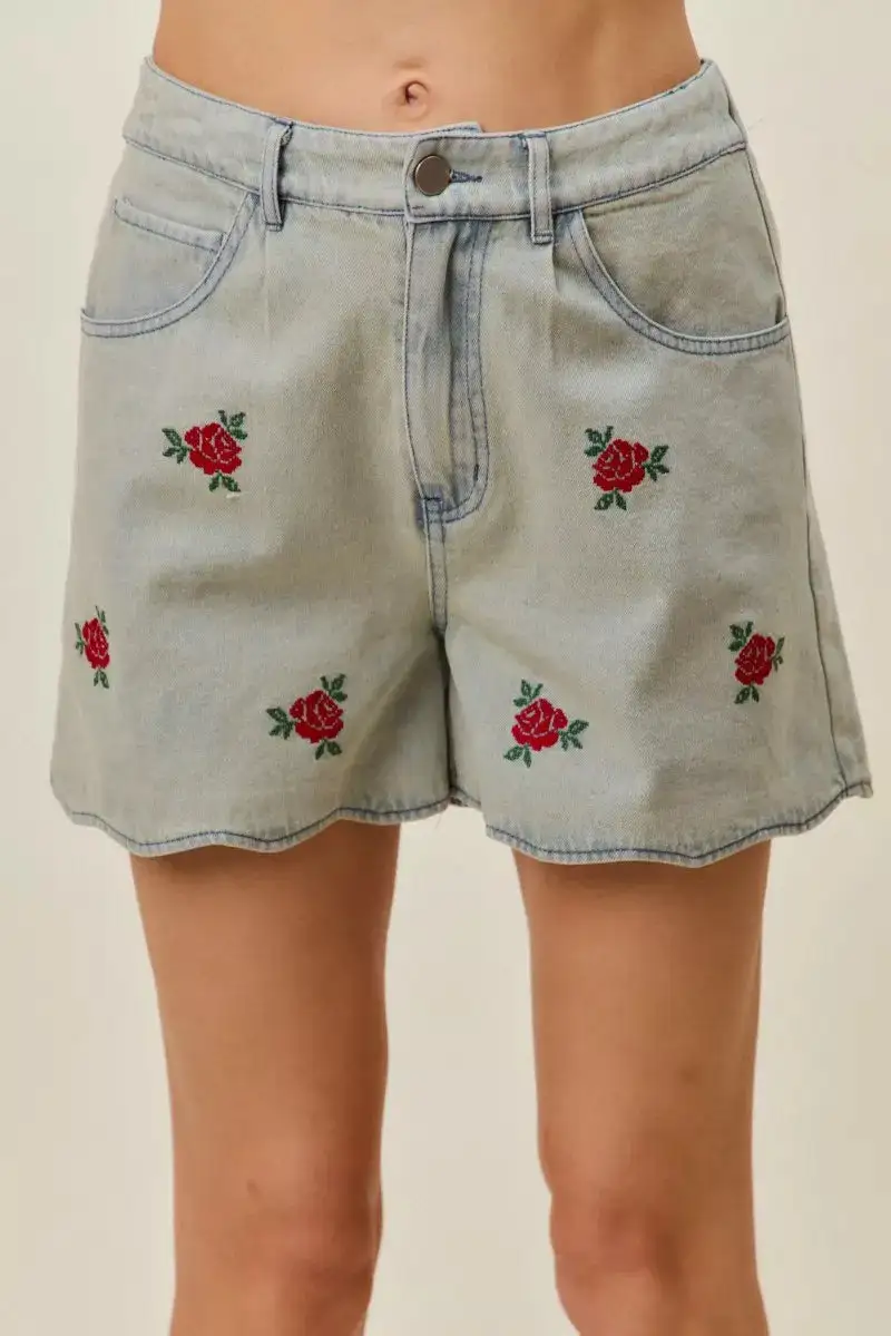So Me Embroidery High Rise Scallop Hem Denim Shorts