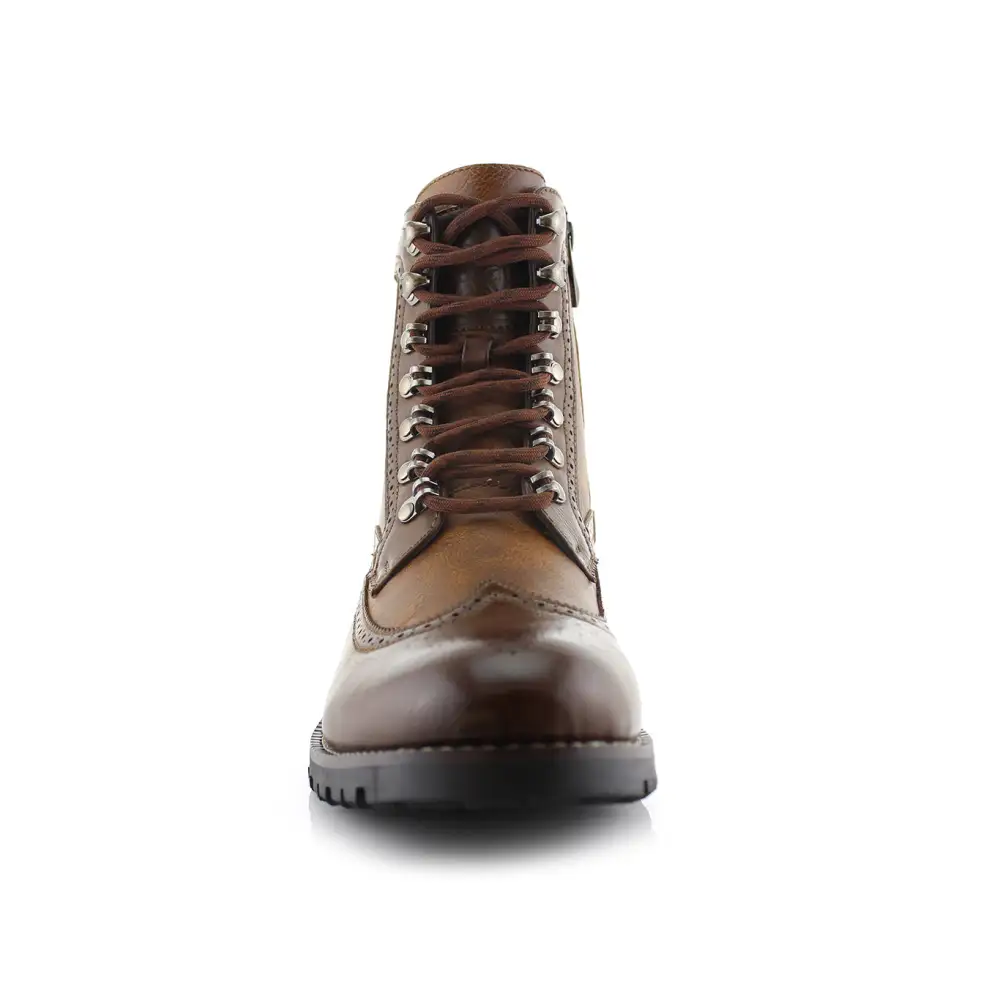 Faux-Leather Embossed Wingtip Combat Boots