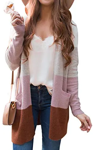 Womens Cardigan Color Block Striped Draped Kimono Cardigans Long Sleeve Open Front Casual Knit Sweaters Coat Outwear