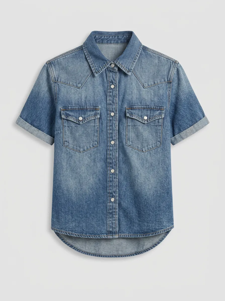 Women's Western Style Blue Denim Short Sleeve Shirt