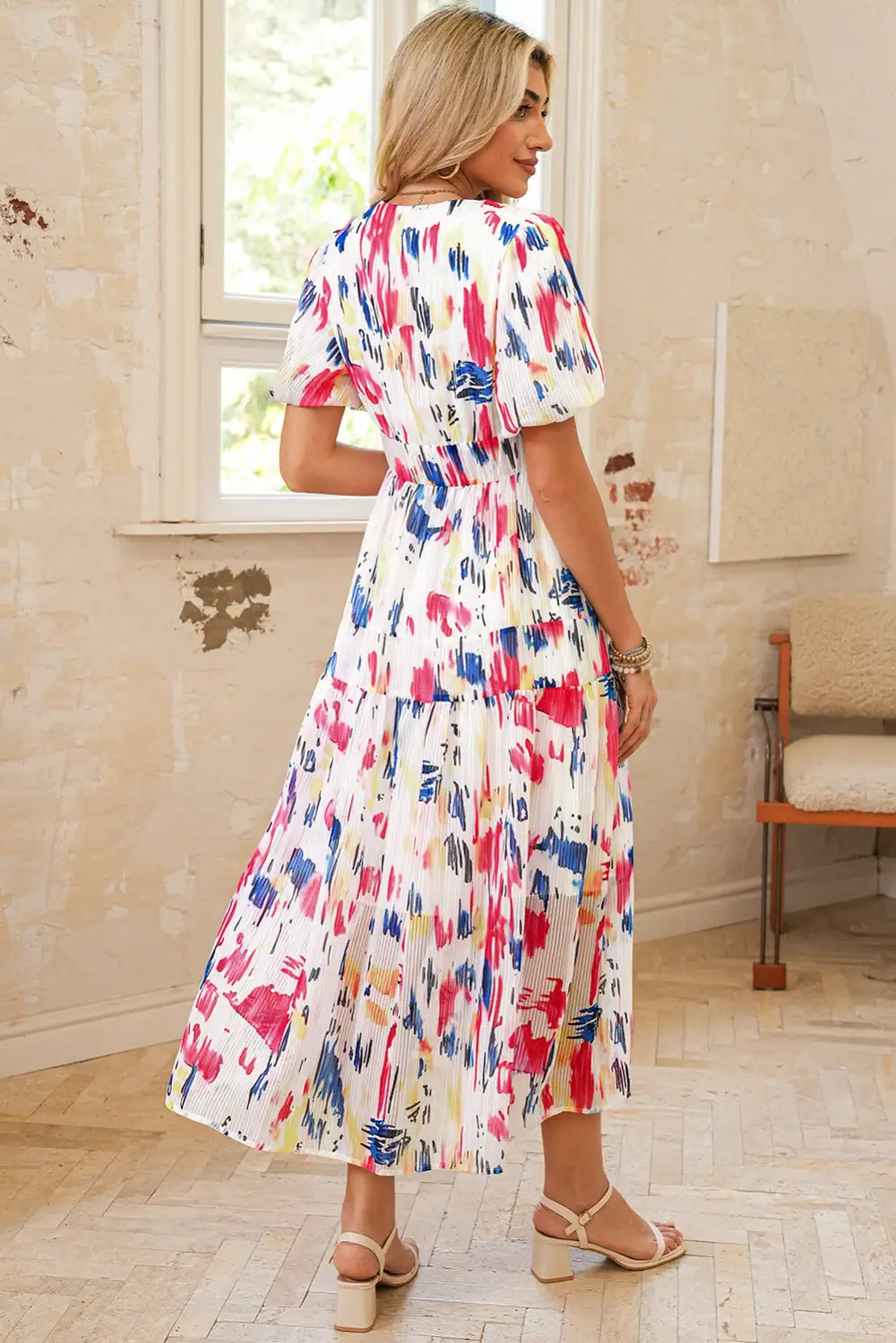 Abstract Print Tiered Puff Sleeve Maxi Dress