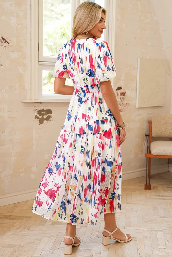 Abstract Print Tiered Puff Sleeve Maxi Dress