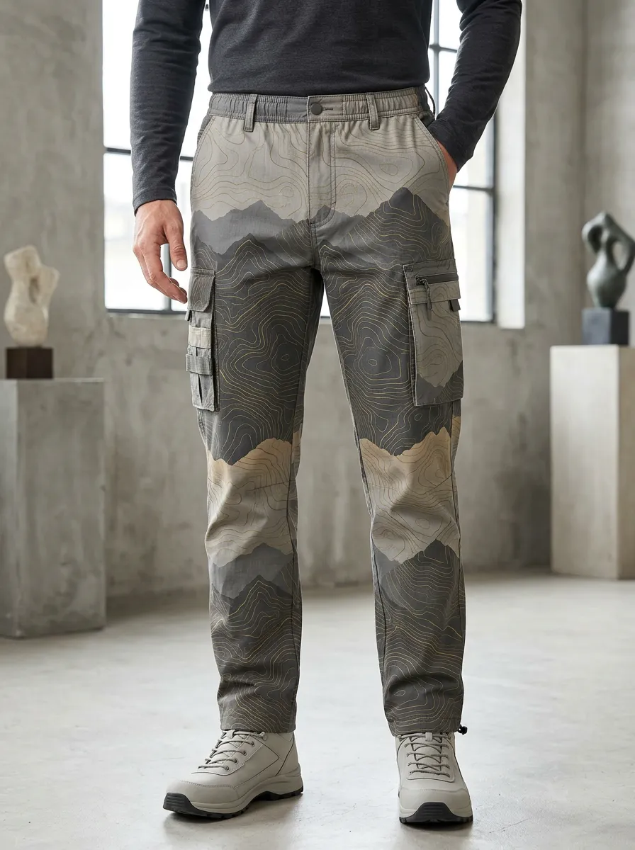 Men's Elastic-Waist Topographic Print Cargo Pants