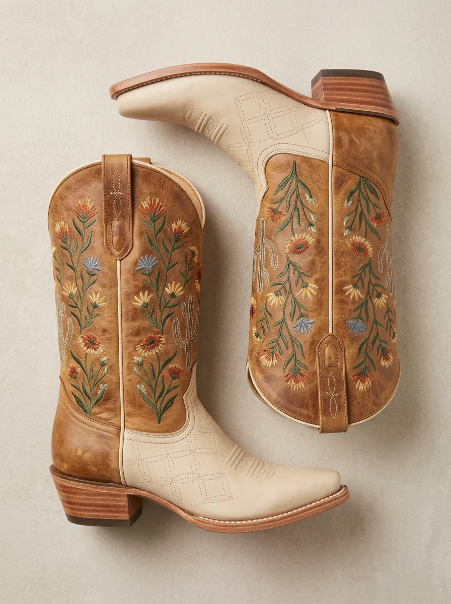 Ranch Cactus Floral Embroidered Ranchwear Edit Unisex Western Cowboy Boots