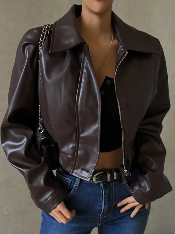 Lapel Faux-Leather Pocketed Jacket