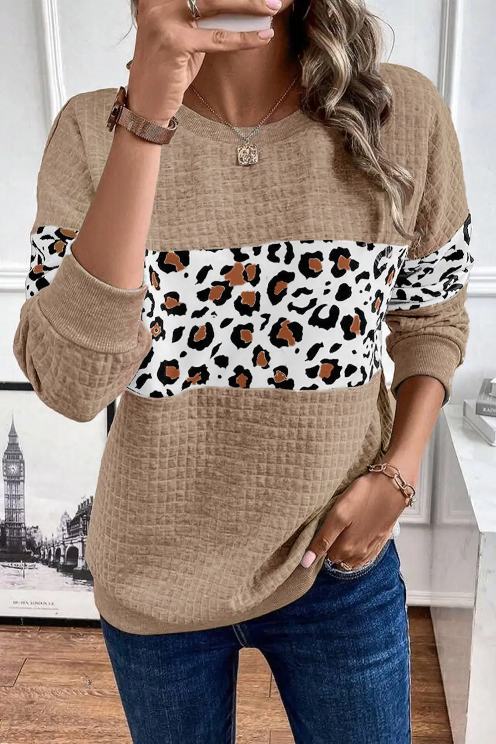 Leopard Print Patchwork Quilted Crewneck Sweatshirt
