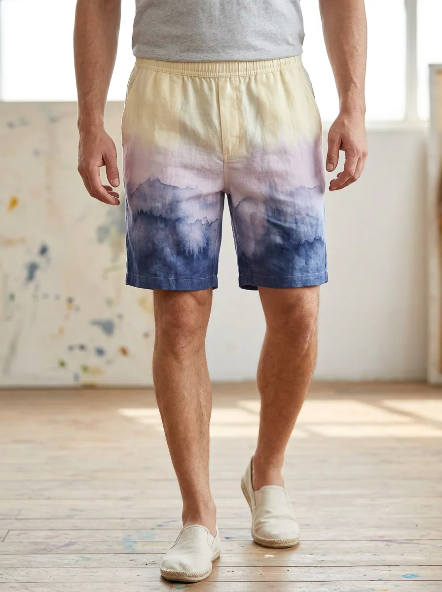 Men's Watercolor Mountain Landscape Elastic Waist Shorts