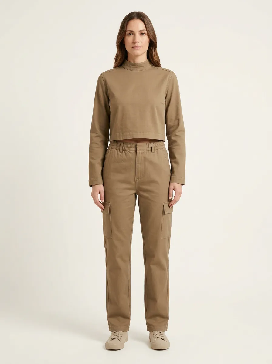 Women's Mock-Neck Crop Top and Straight-Leg Cargo Pant Set