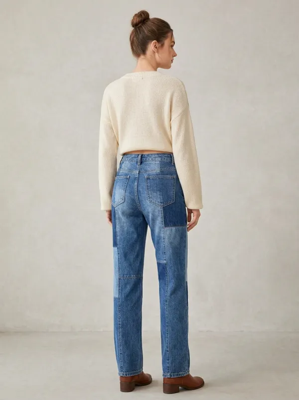 Women's Vintage Style Patchwork Button Fly Denim Jeans
