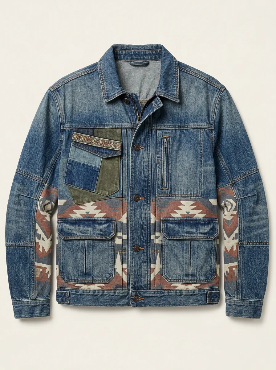 Men's Western Style Aztec Pattern Printed Denim Jacket