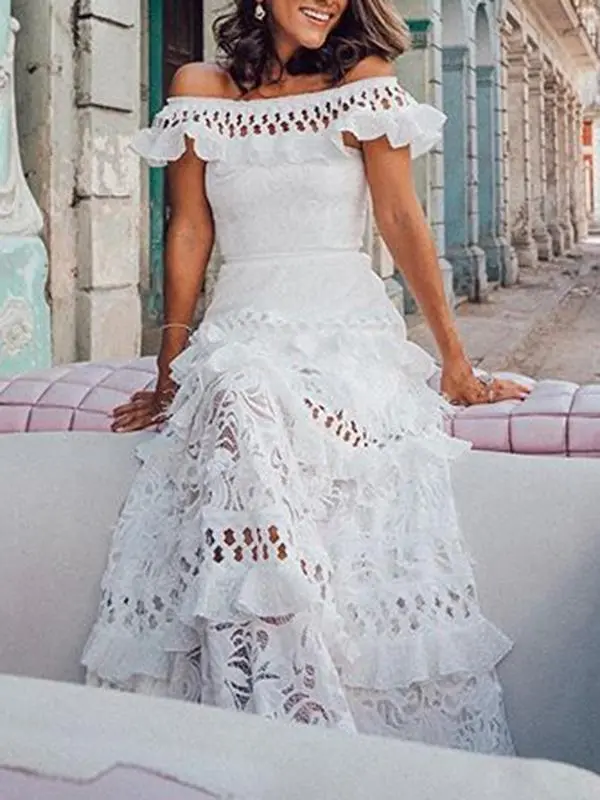 Women's Sleeveless Lace Ruffled Boho Maxi Dress