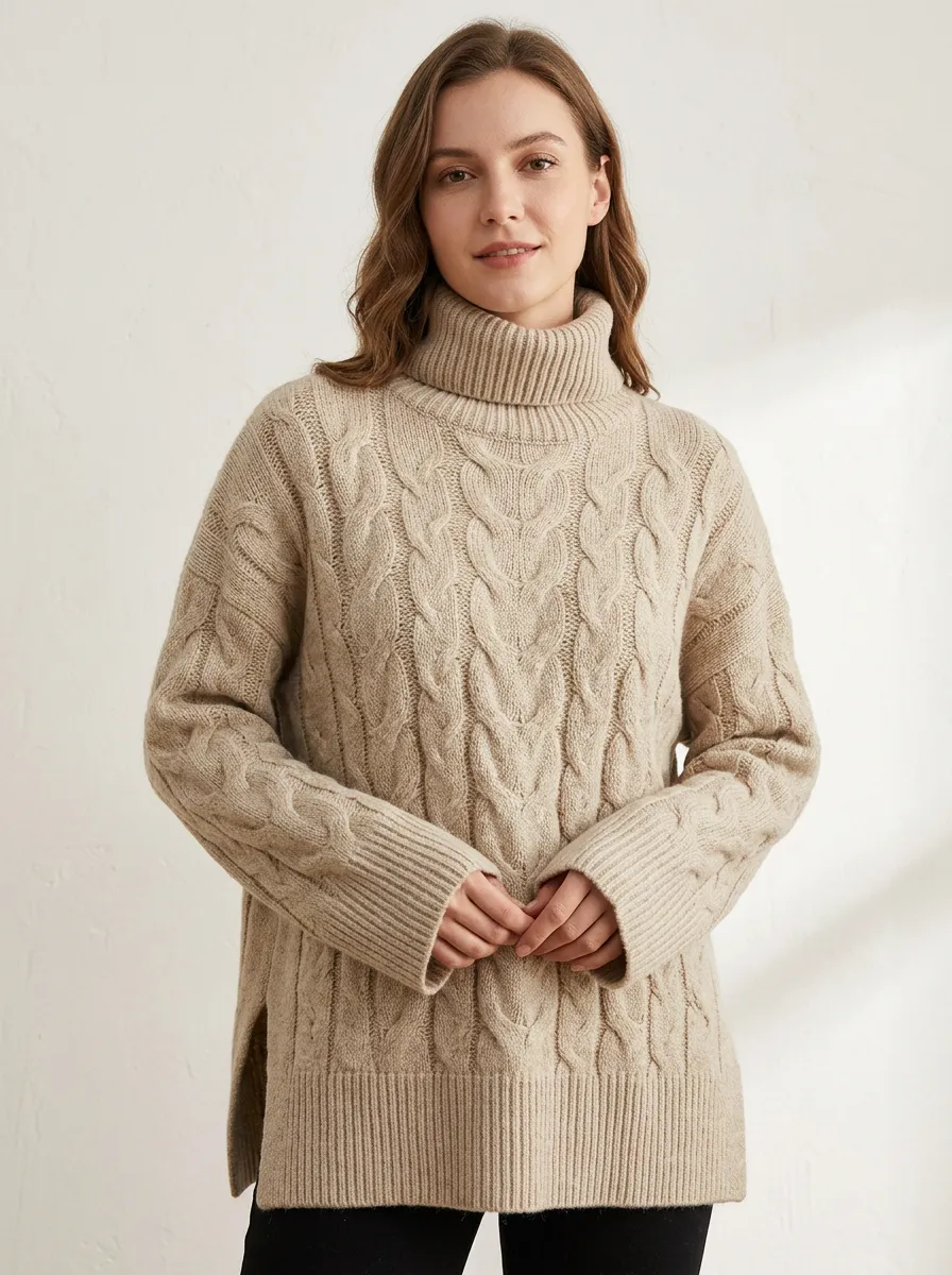 Women's Beige Cable Knit Patterned Turtleneck Sweater