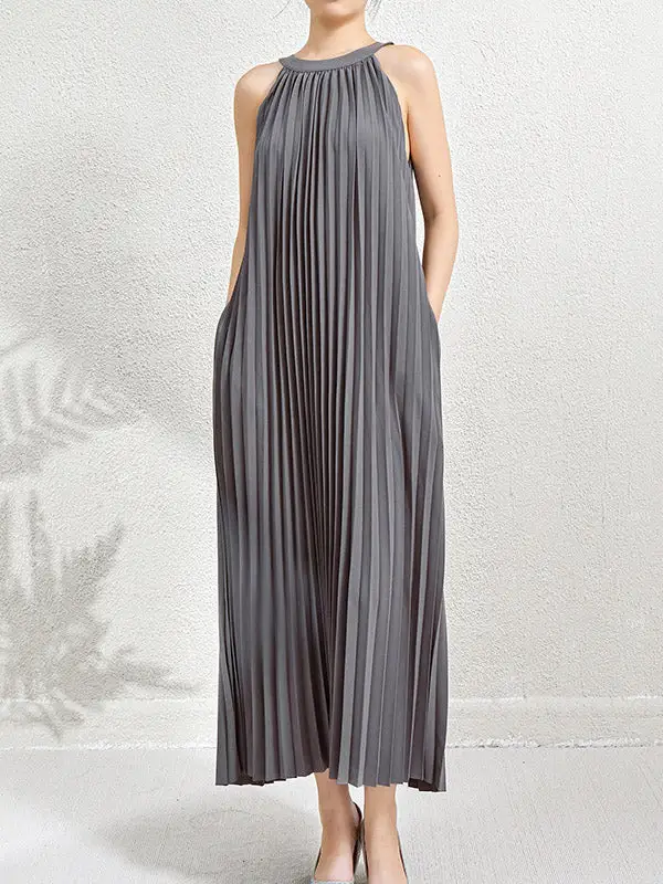 Loose Pleated Sleeveless Neck Maxi Dress
