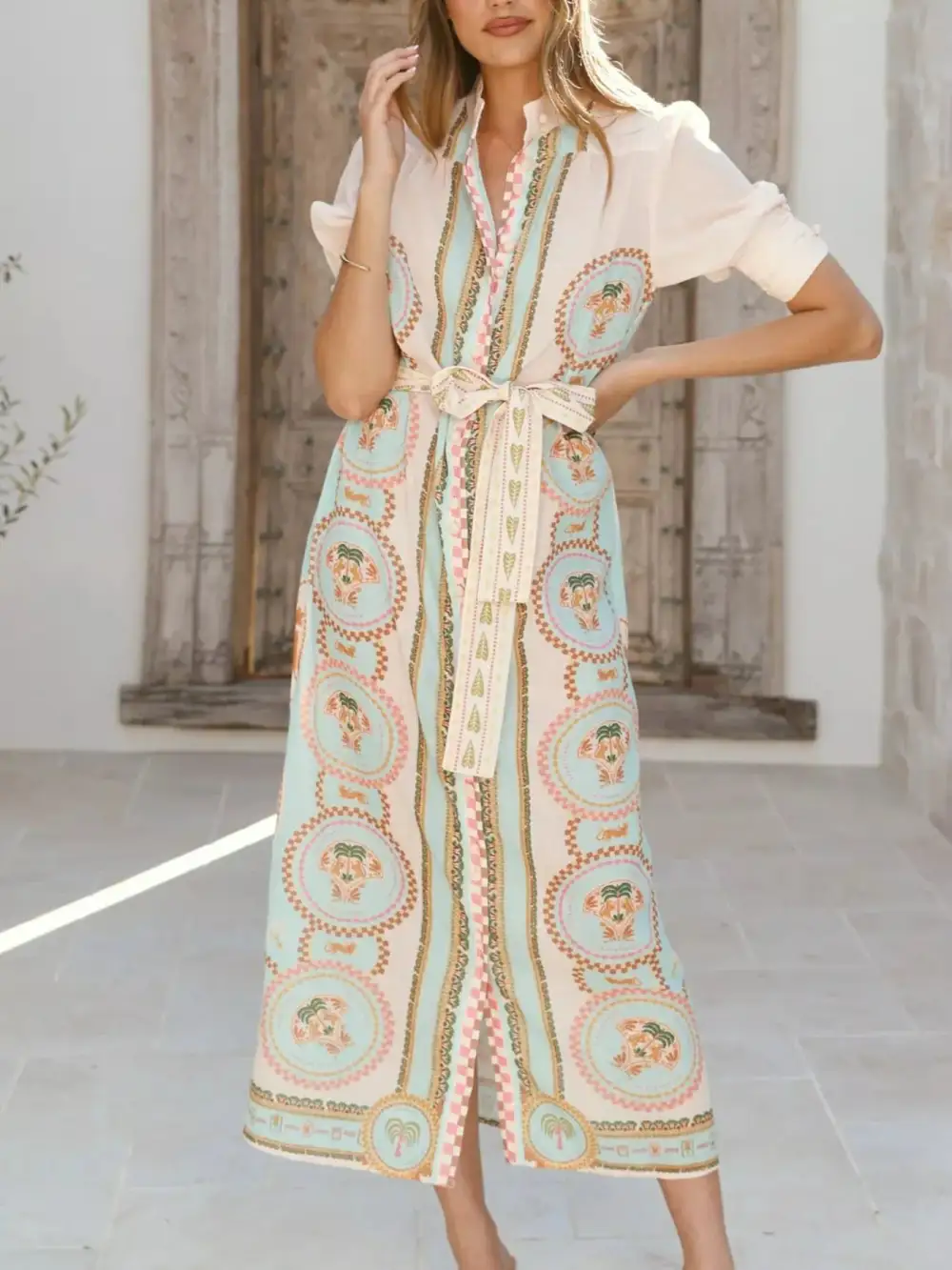 Puff Sleeve Tie Waist Midi Dress