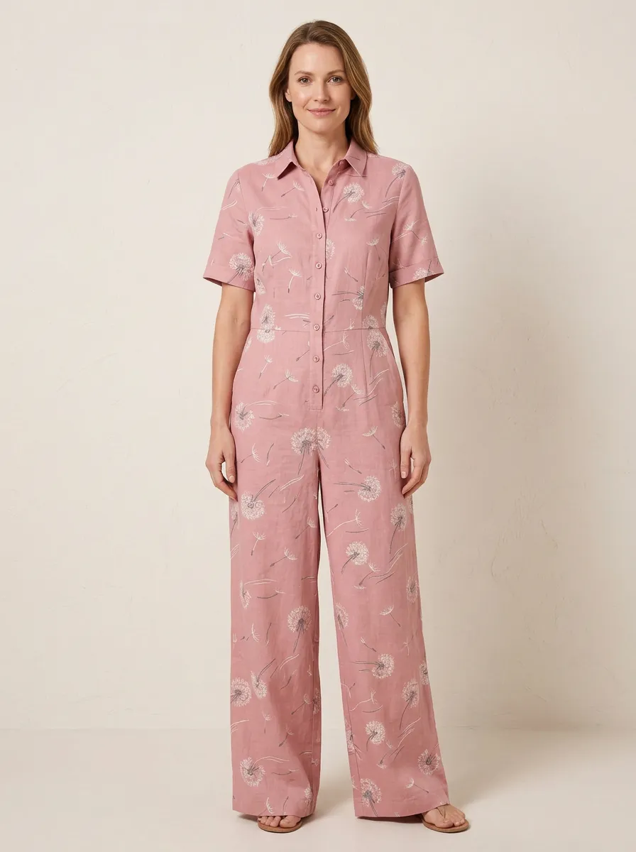 Women's Button-Front Graphic Short-Sleeve Jumpsuit