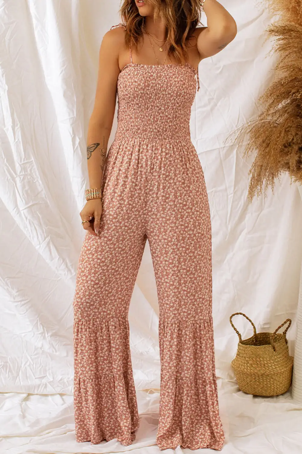 Thin Straps Smocked Bodice Wide Leg Accessory