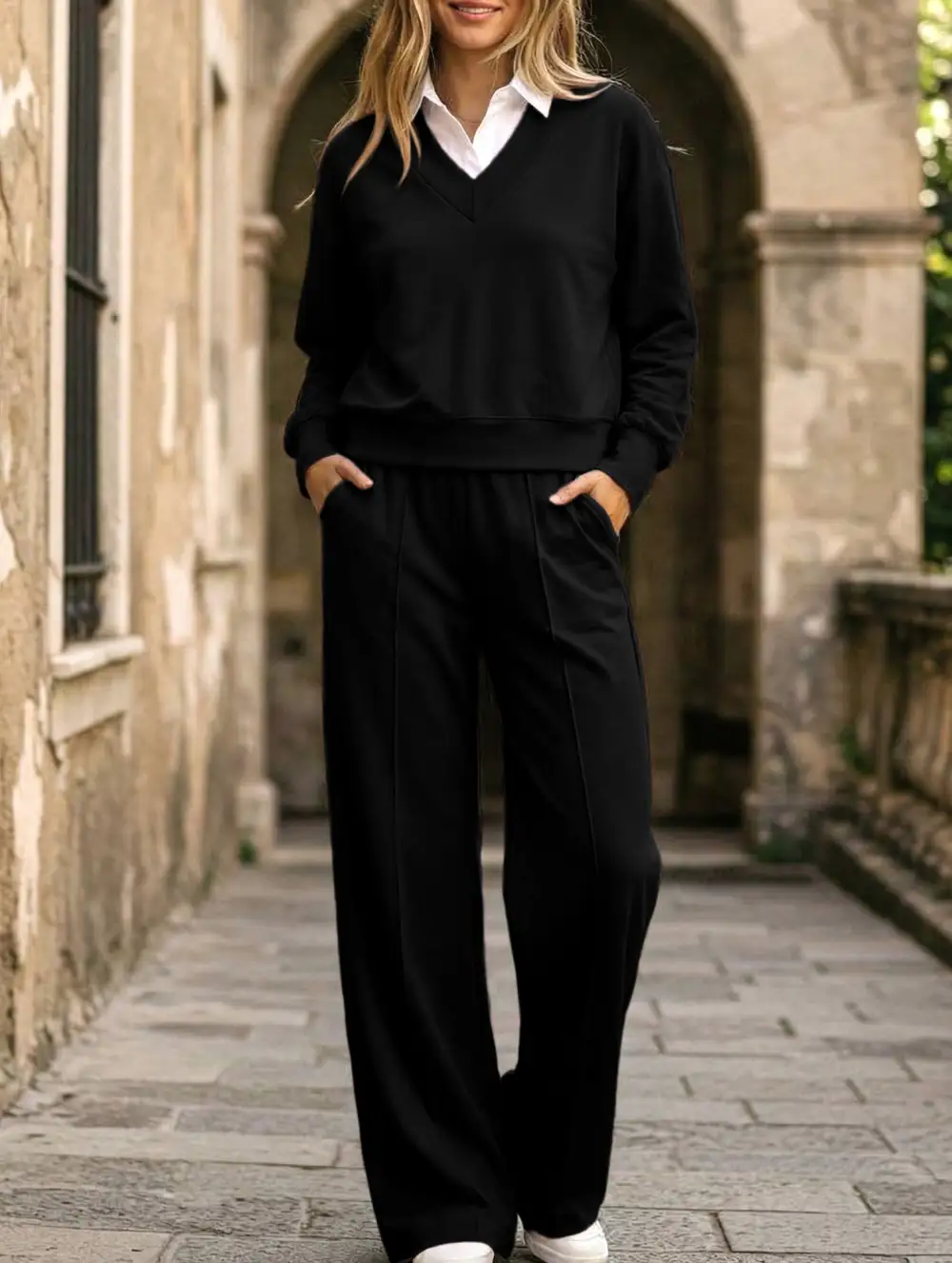 Collar Loose Top and Wide-Leg Pants Set