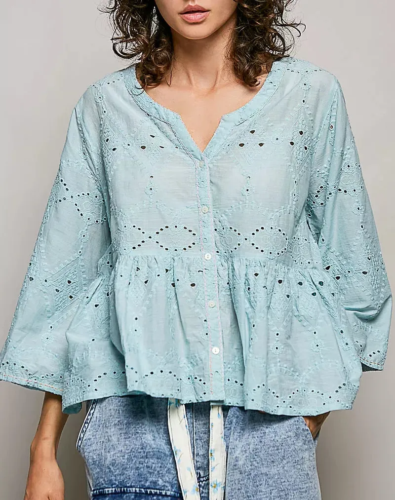 Peplum Eyelet Embroidered Button-Front Shirt