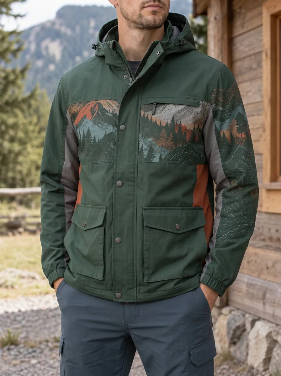 Men's Outdoor Adventure Mountain Forest Printed Hooded Jacket