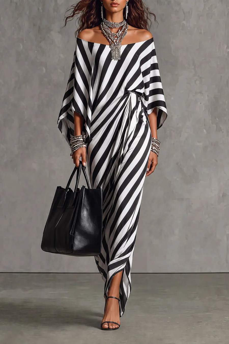Off Shoulder Striped Printed Maxi Dress