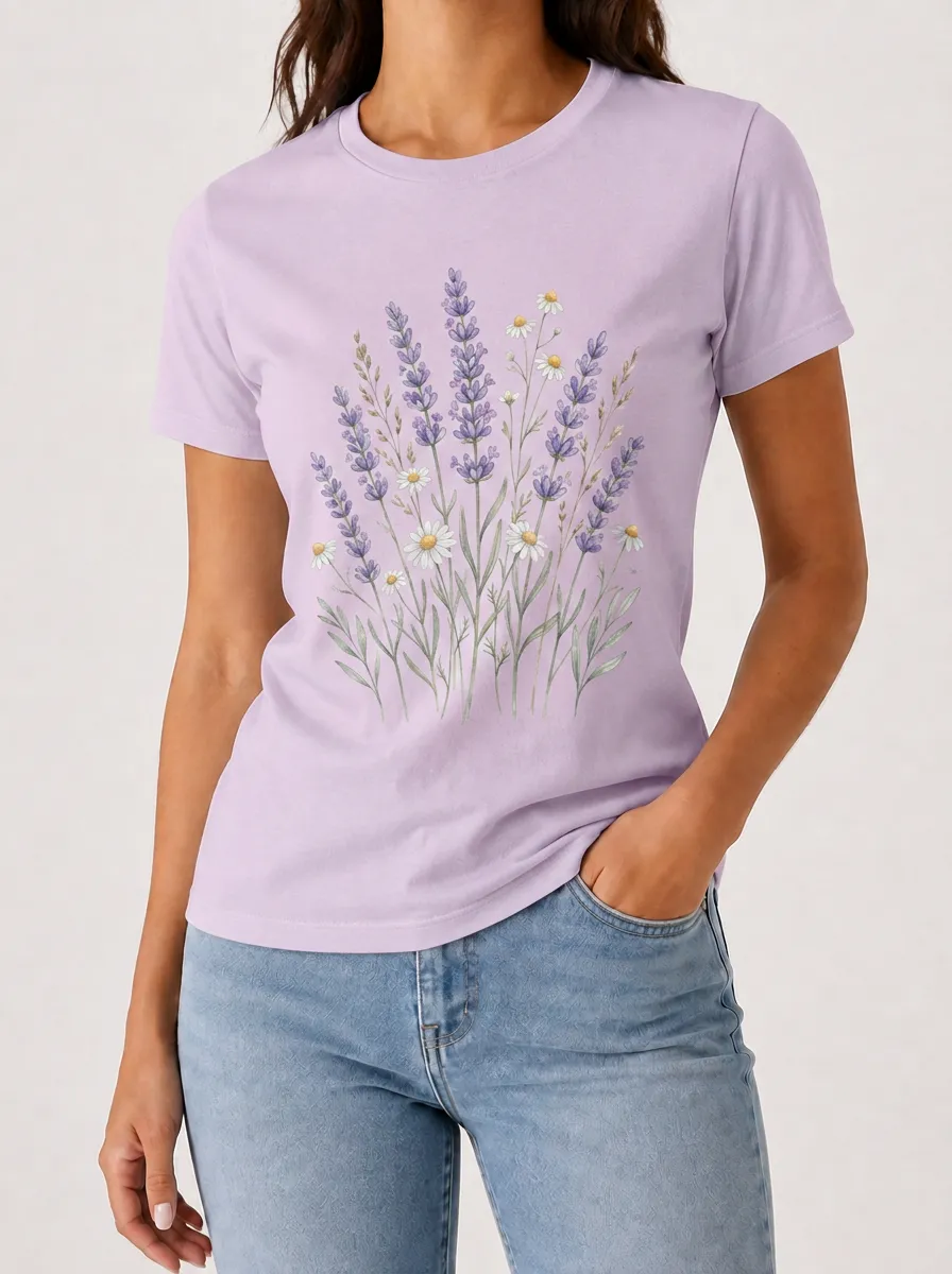 Women's Botanical Lover Lavender Daisy Printed T-shirt