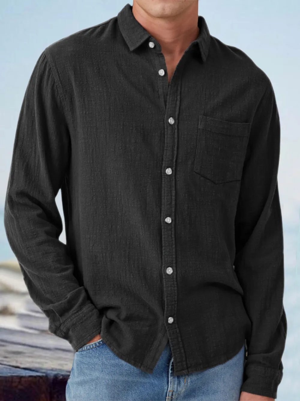 Everyday Long Sleeve Open Collar Pocket Shirt
