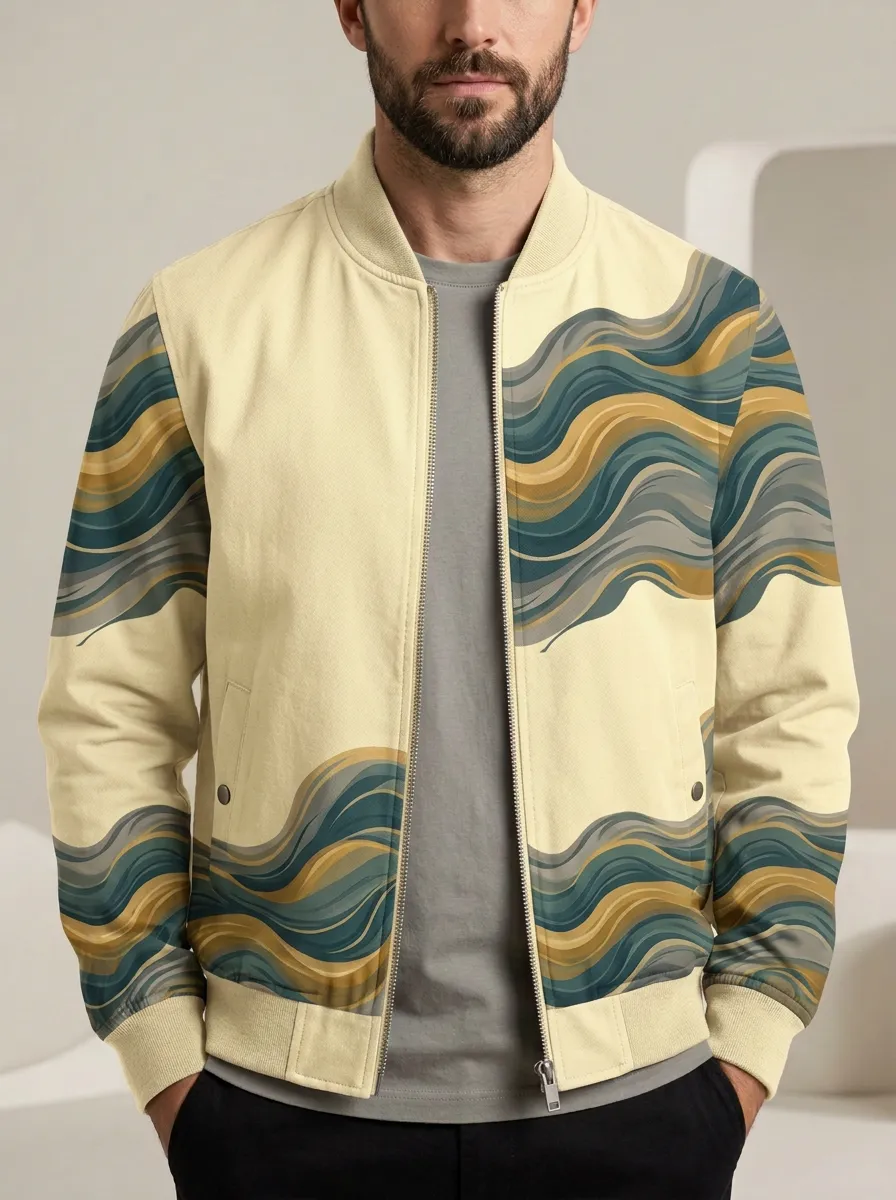 Wave Print Ribbed Trim Bomber Jacket
