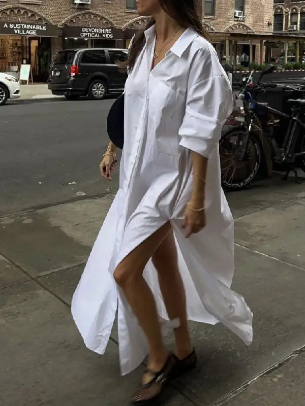 Split Buttoned Long Shirt Maxi Dress