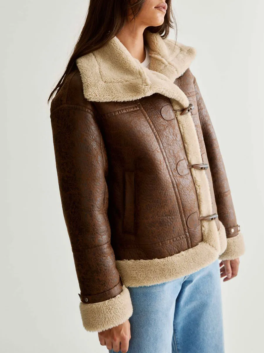 Brown Leather Shearling Lined Button Coat