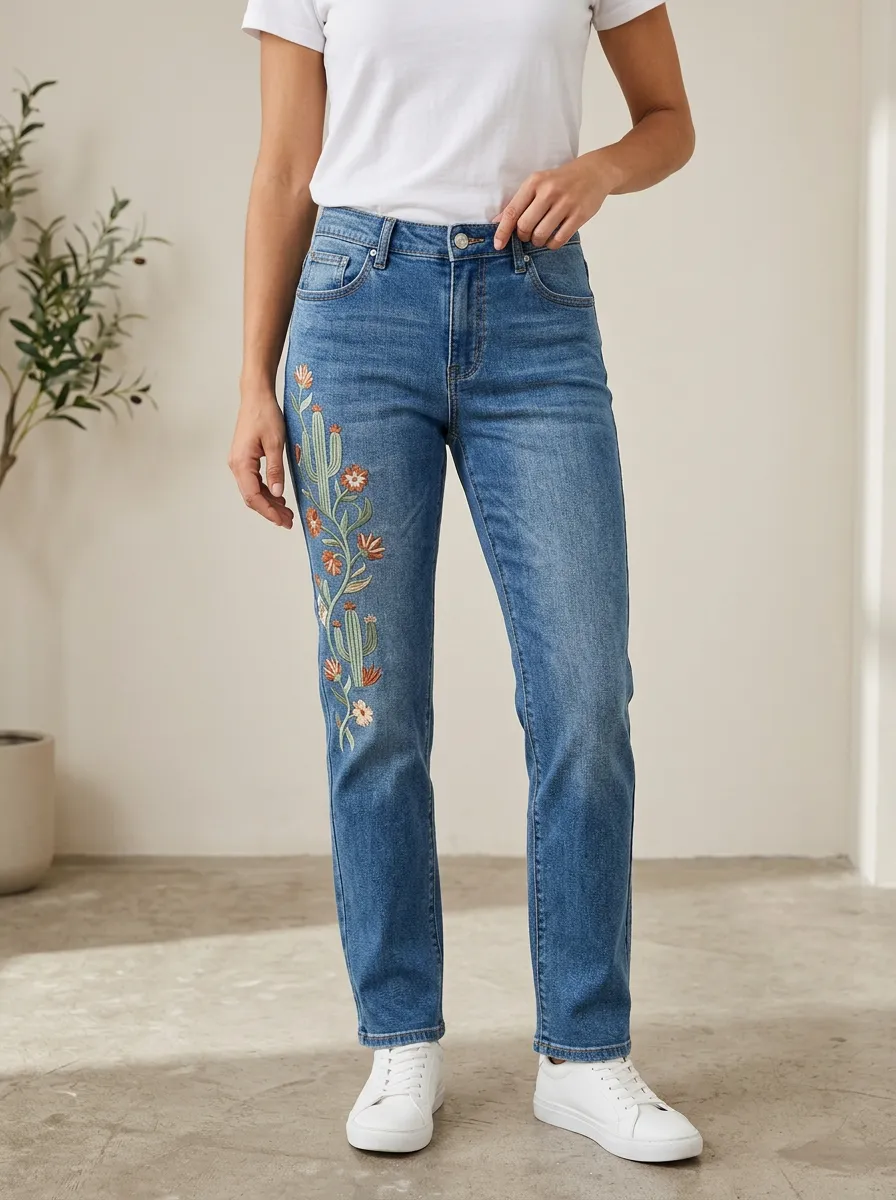 Women's Cactus Floral Embroidery Printed Straight Leg Jeans