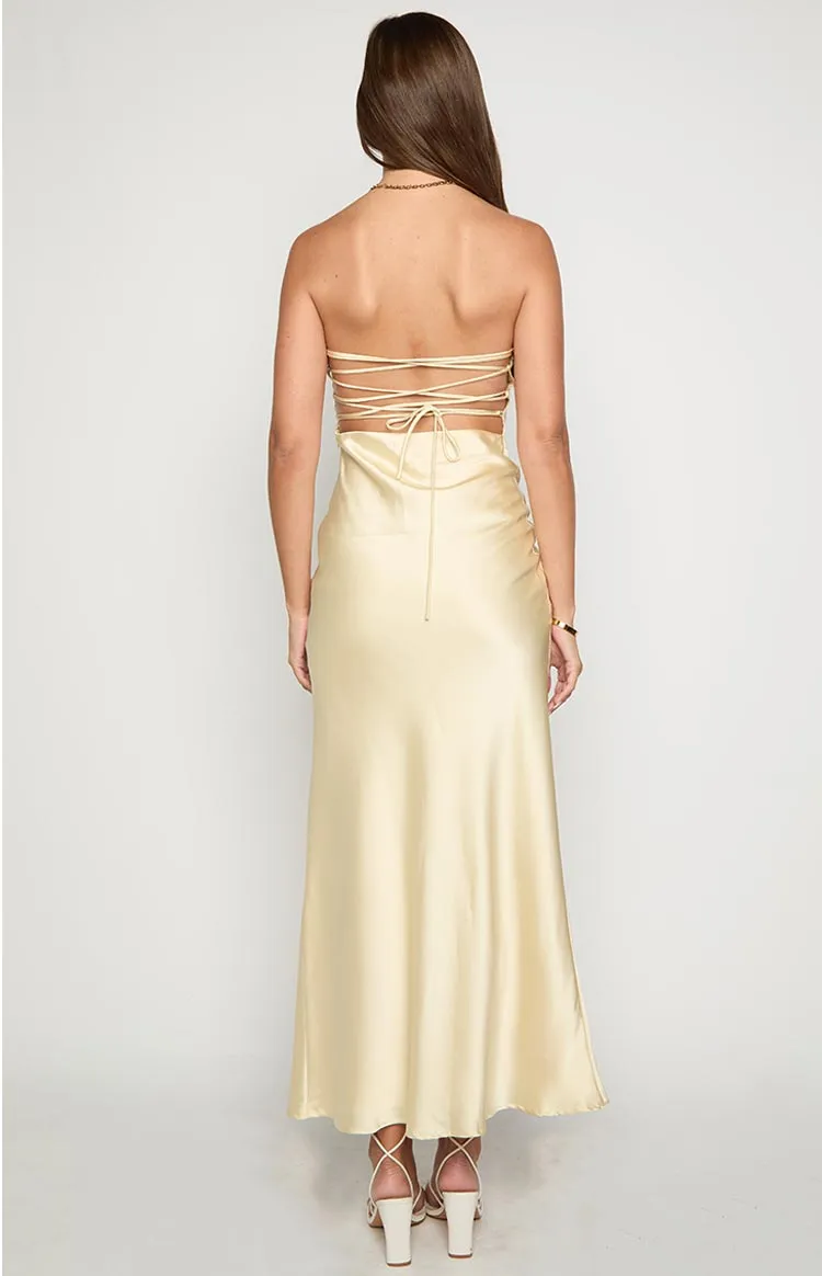 Satin Strapless Frills Maxi Dress