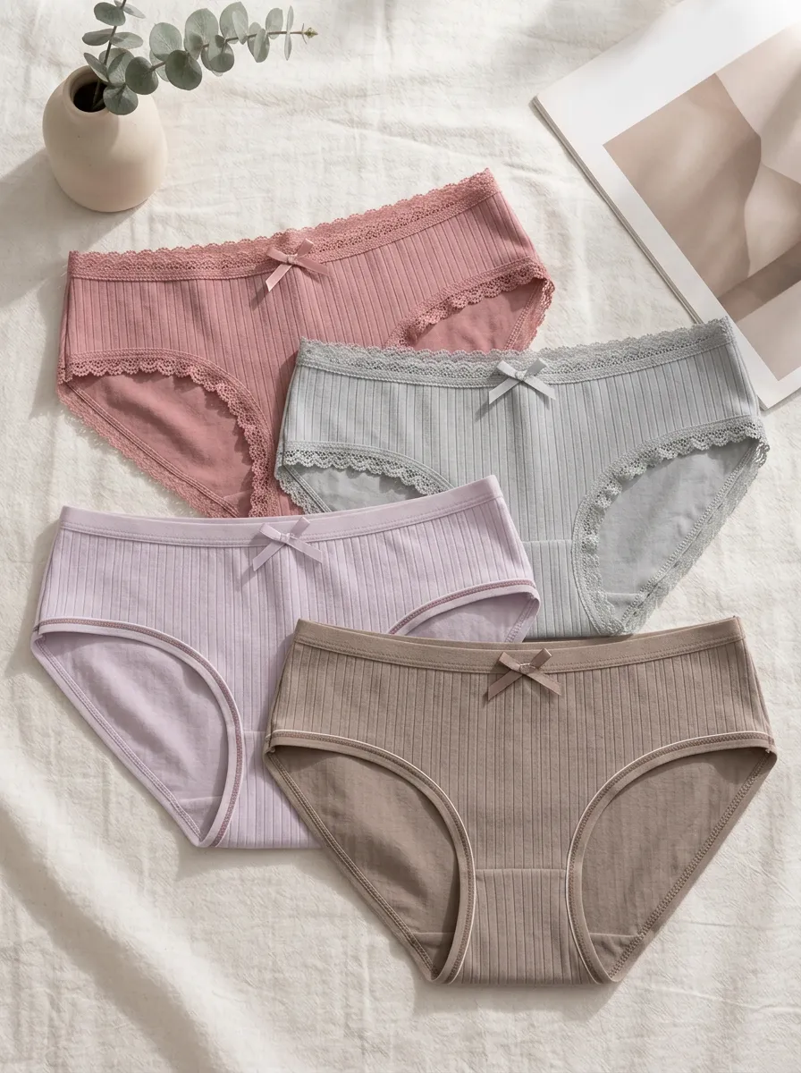 Women's Ribbed Lace Bowknot Solid Color Cotton Panties Set