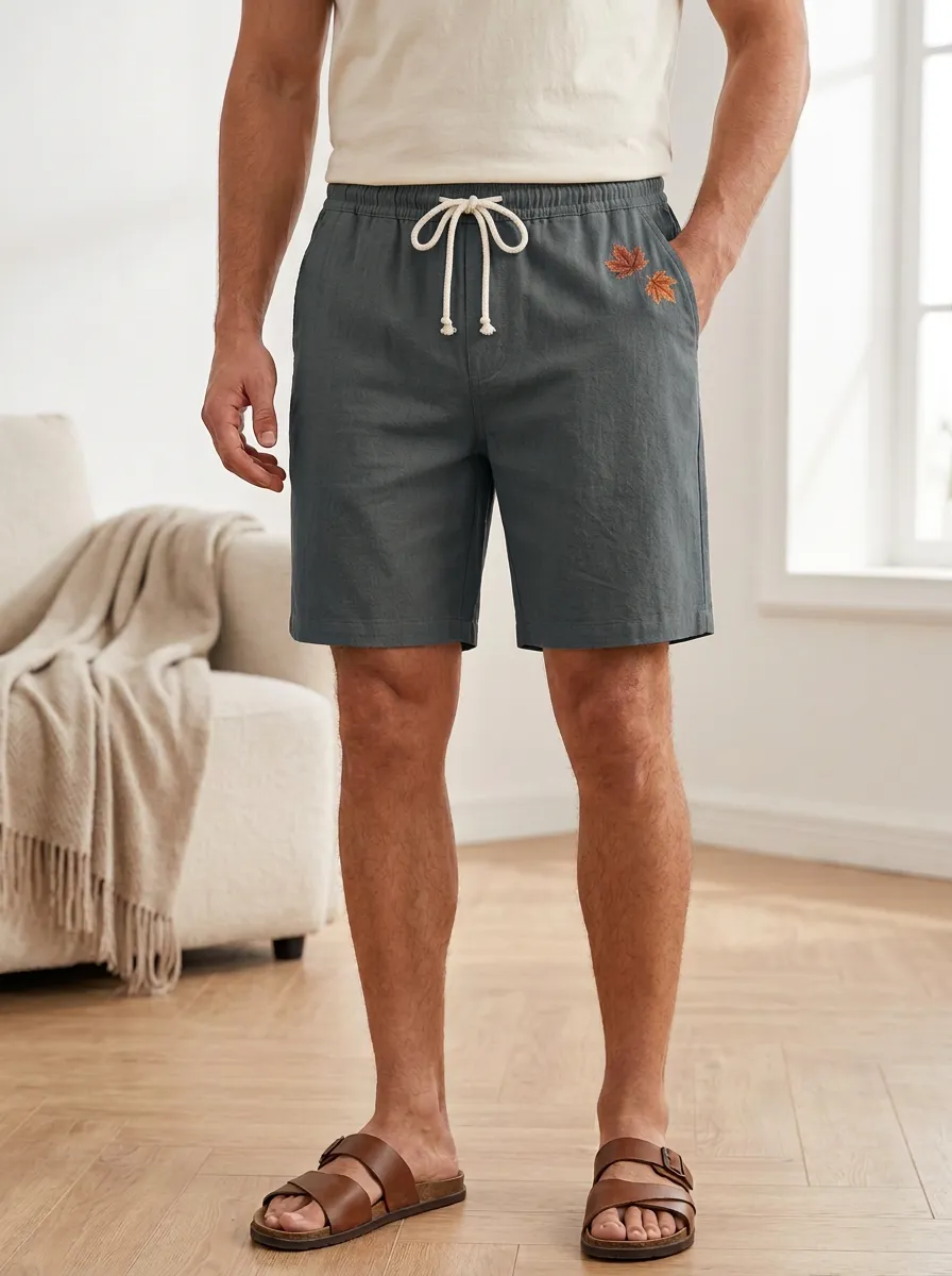 Embroidered Leaf Drawstring Embroidered Shorts