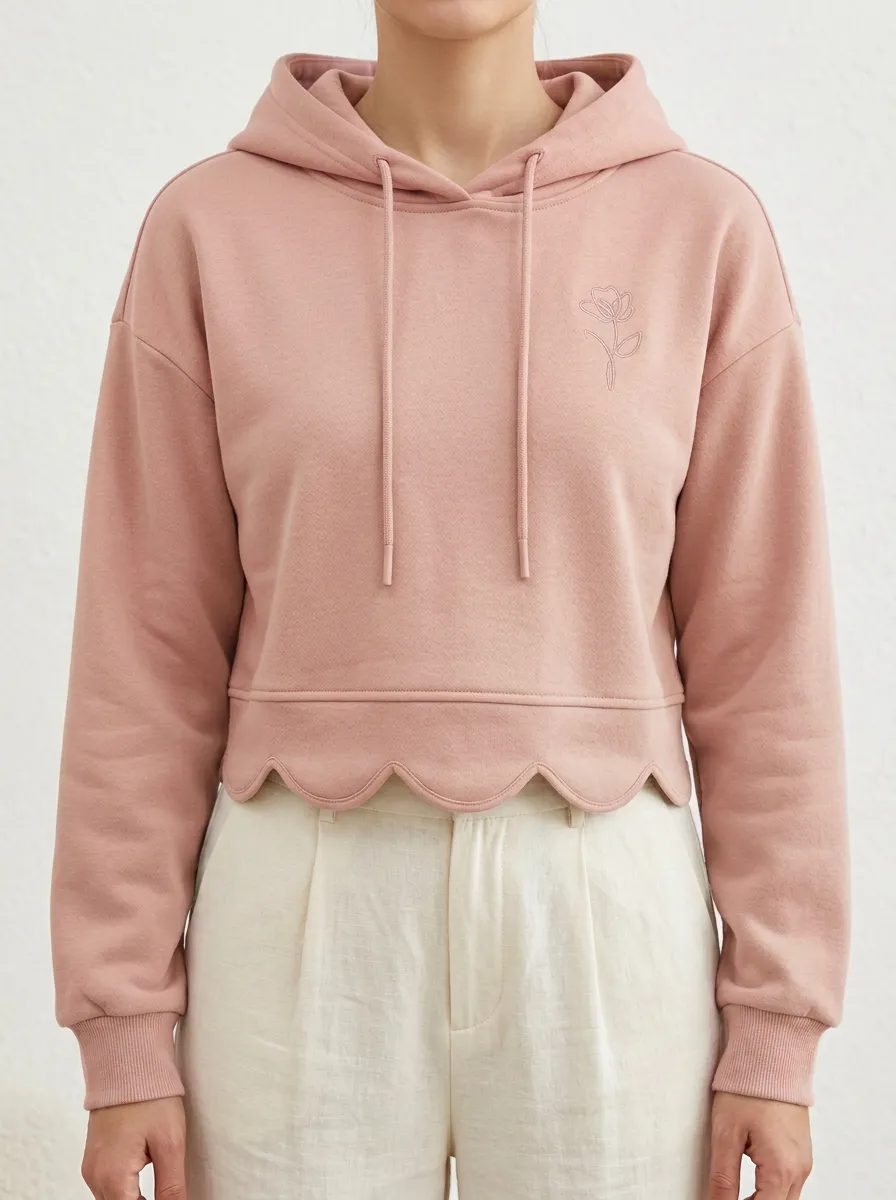 Women's Minimalist Floral Scalloped Hem Embroidered Hoodie
