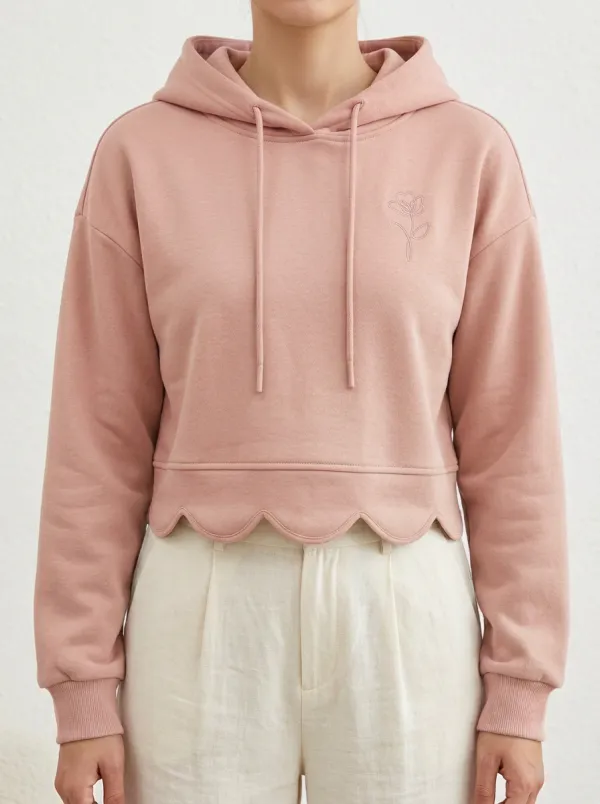 Women's Minimalist Floral Scalloped Hem Embroidered Hoodie