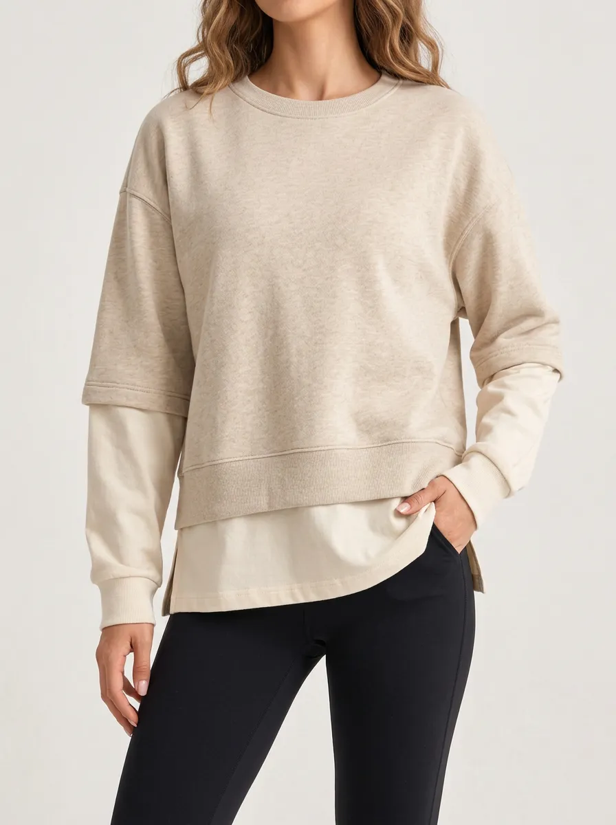 Women's Relaxed Layered Look Casual Sweatshirt in Beige and Red