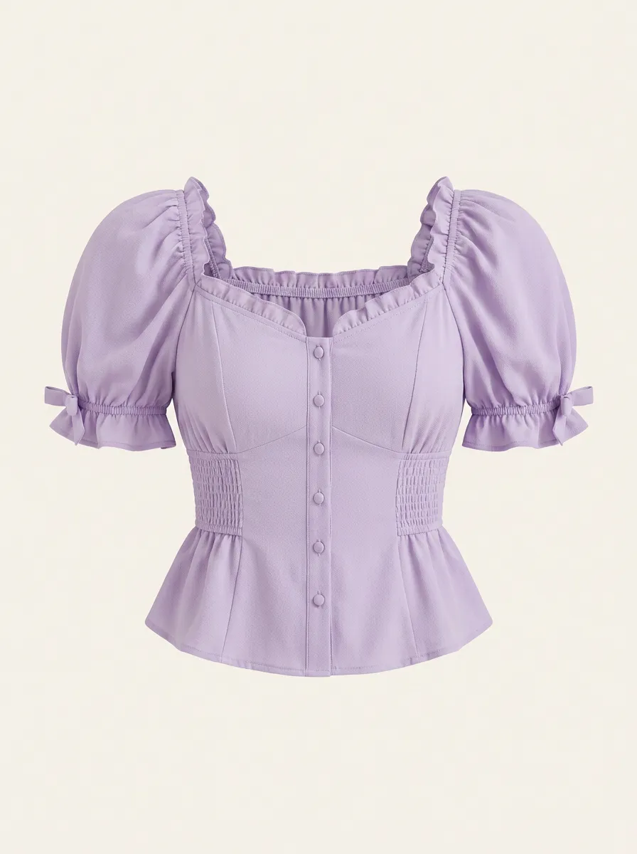 Women's Purple Puff Sleeve Ruffled Square Neck Button Up Top