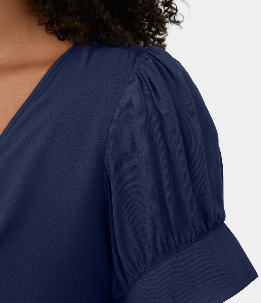 Deep V Neck Bishop Sleeve Button Tie Front Ruched Midi Casual Dress