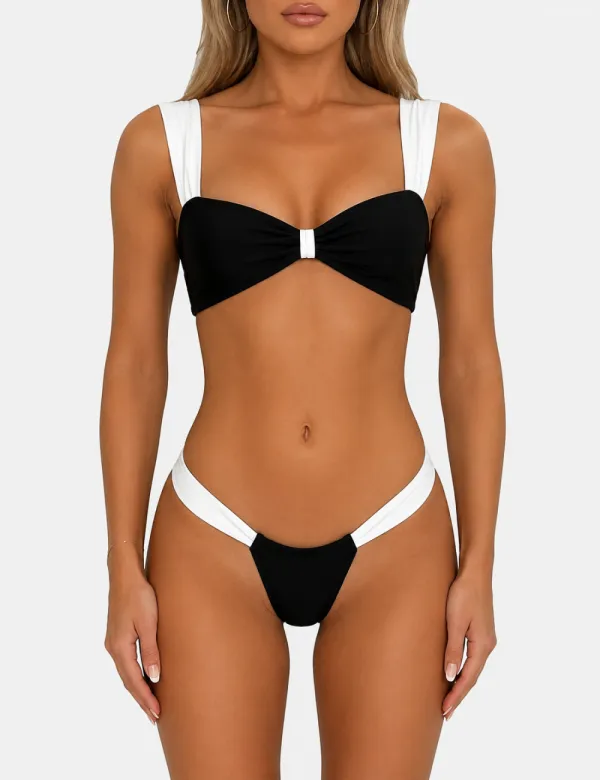Elegant Color Block Front Bow Detail Bikini Set