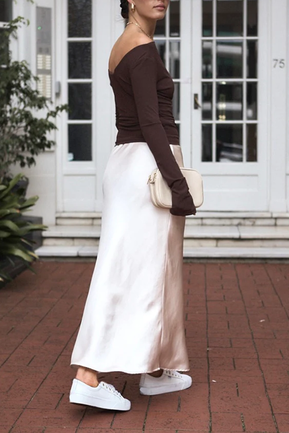 White Satin Asymmetric Midi Skirt