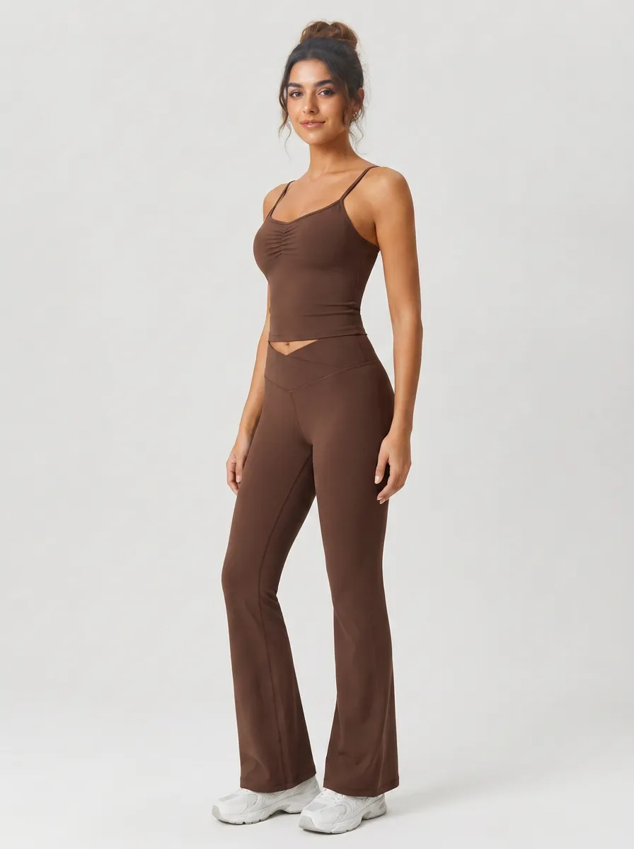 Women's Yoga Fitness Brown Crossover Waist Flare Leggings Set