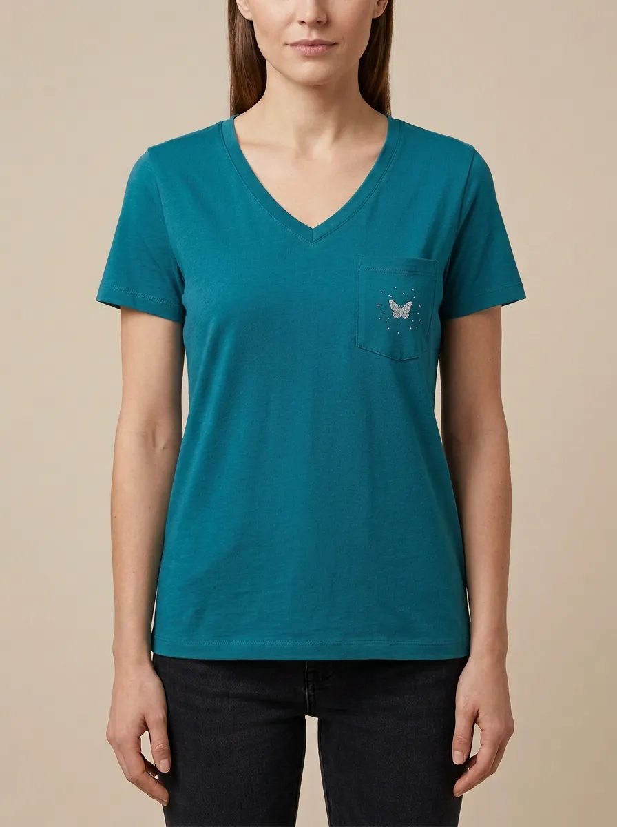 Women's Butterfly & Sparkle Graphic Pocket V-Neck T-Shirt