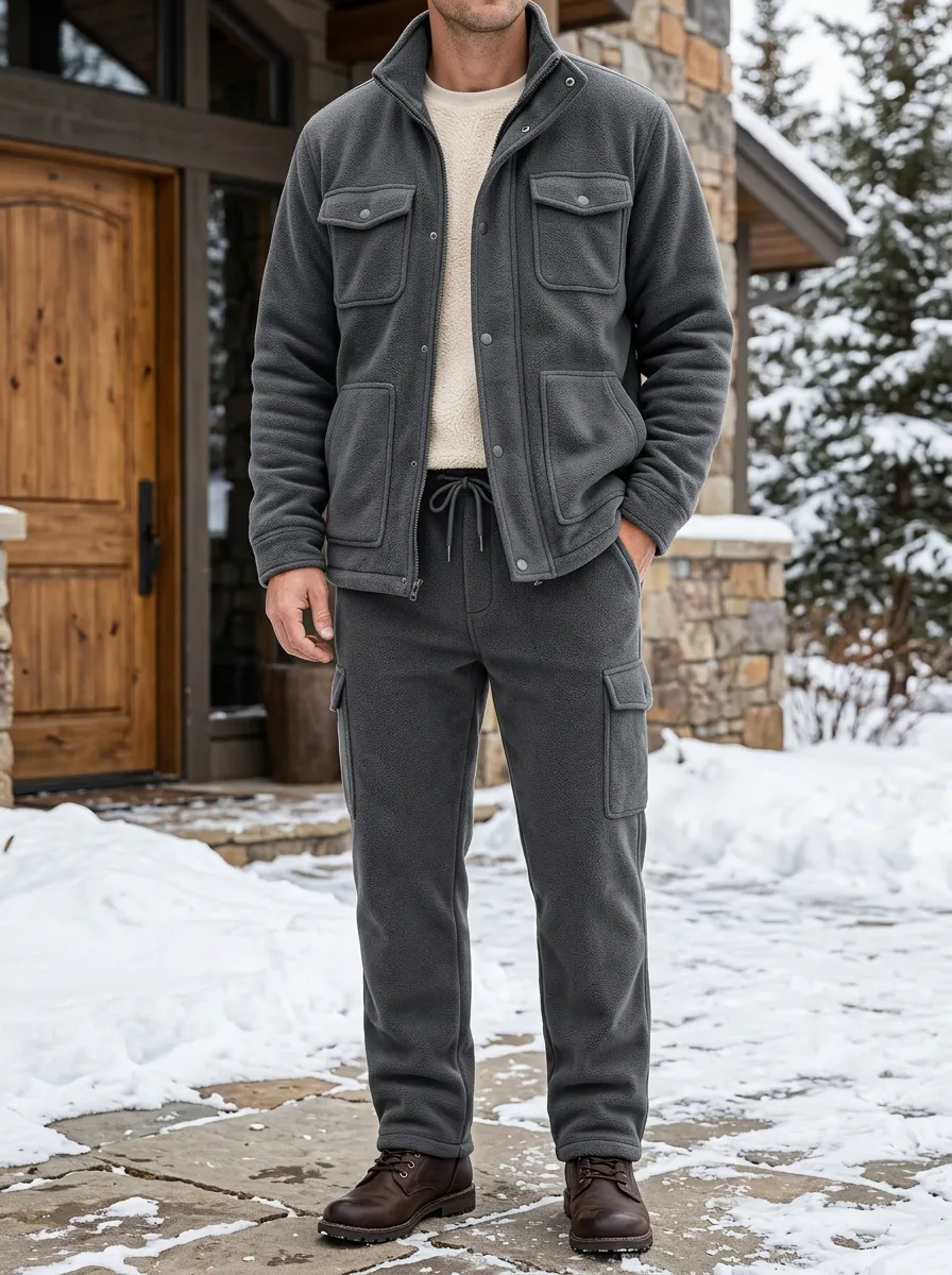 Men's Winter Fleece-Lined Jacket and Pants Set with Stand Collar