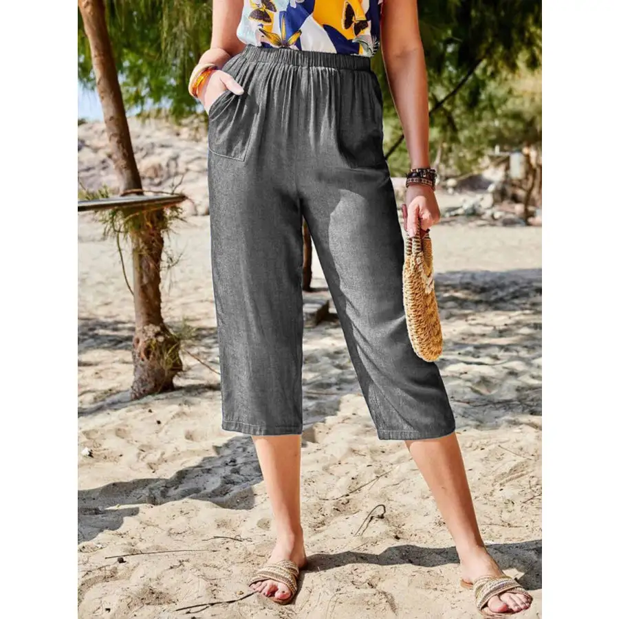 Pocketed Elastic Waist Capris Apparel