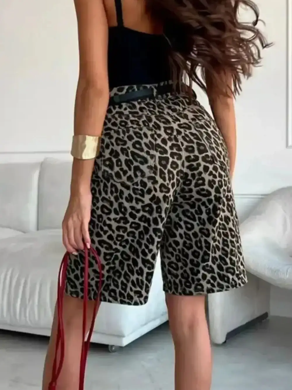 Leopard Print High Waisted Casual Shorts
