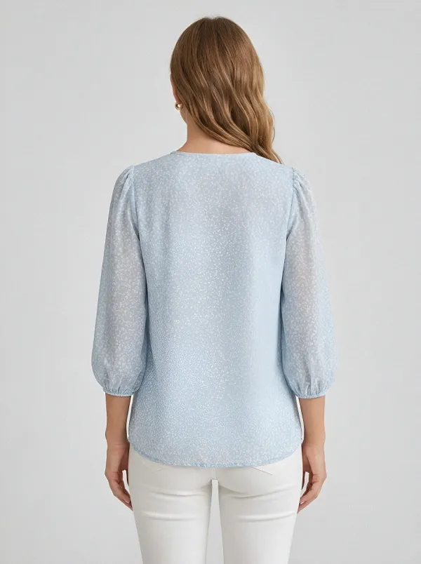 Floral V-Neck Women's Puff-Sleeve Blouse
