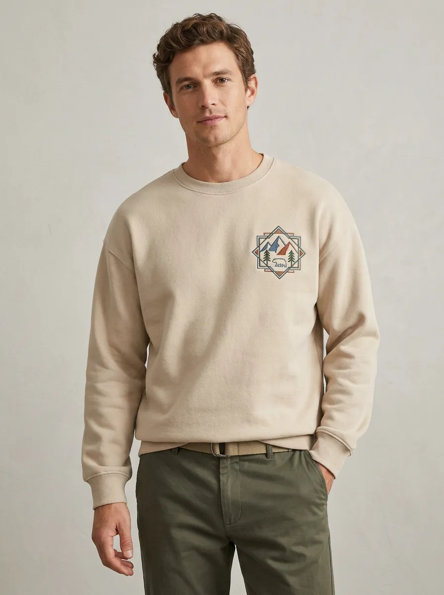 Men's Beige Outdoor Mountain Bear Fleece Sweatshirt