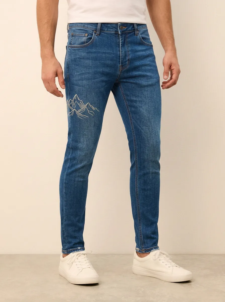 Men's Blue Mountain Nature Landscape Stretch Jeans