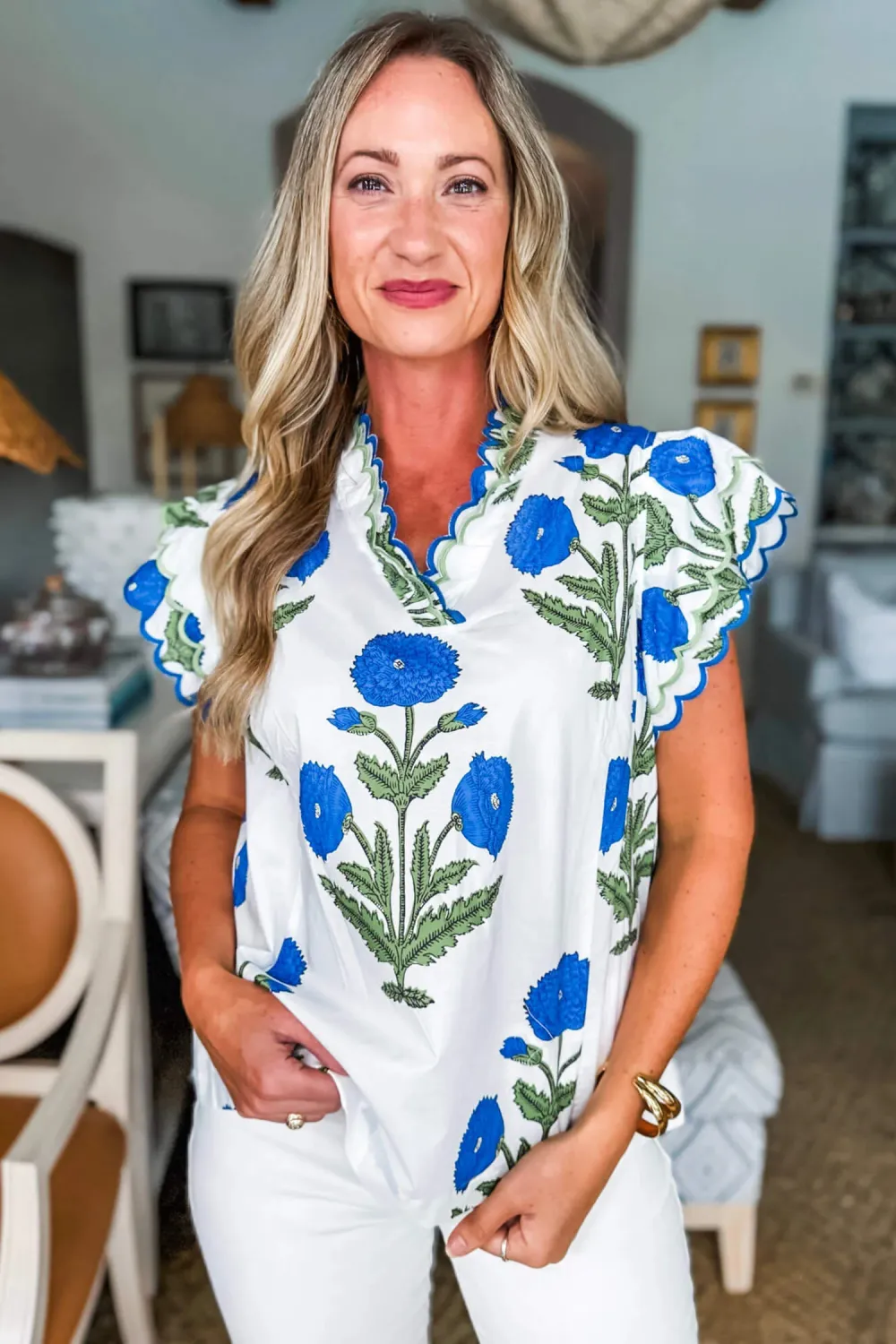 Blue Wild Flower Print Contrast Blouse